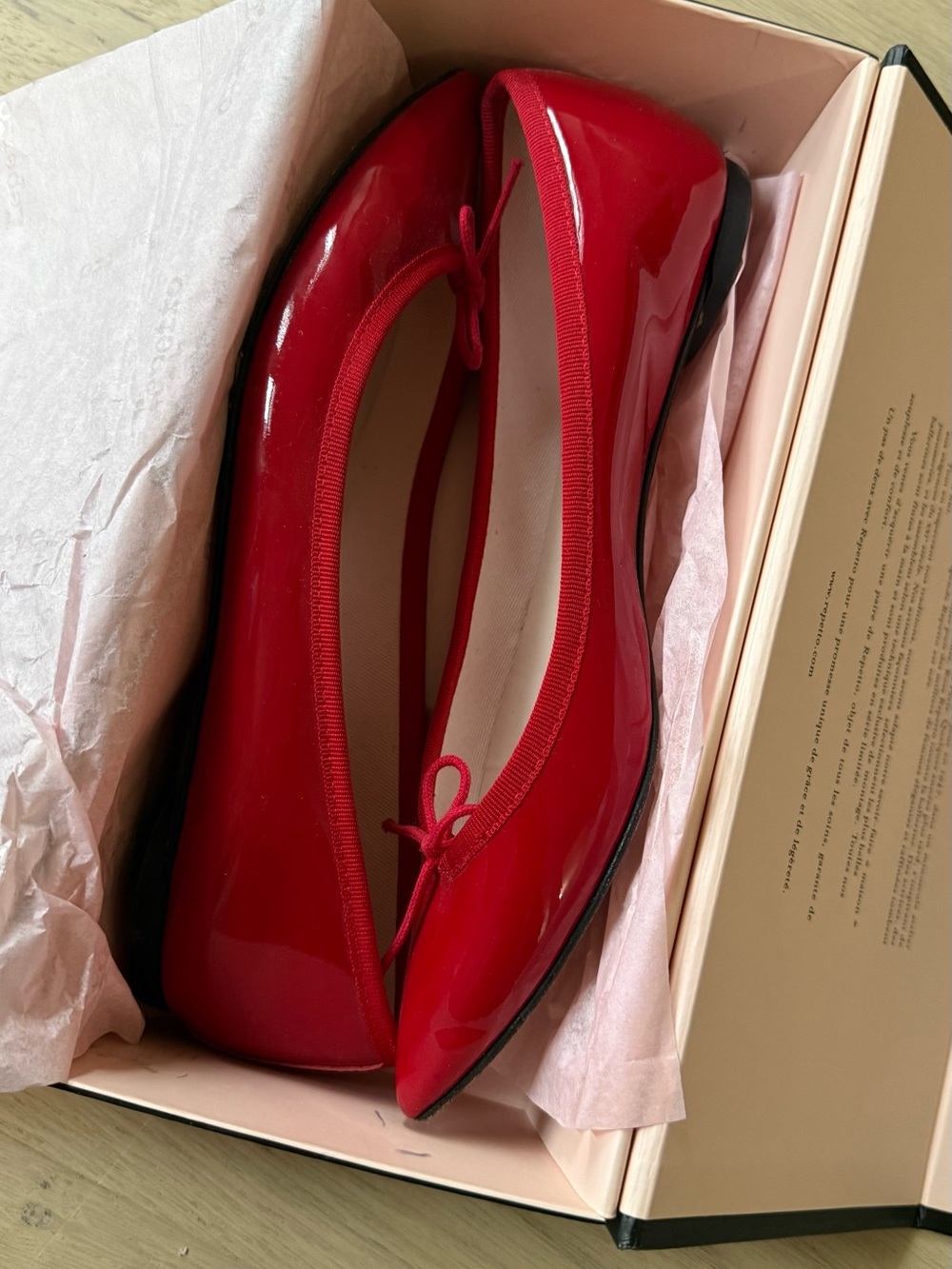Repetto Red Pointed Ballet Flats with Bow Trim - Picture 3 of 5
